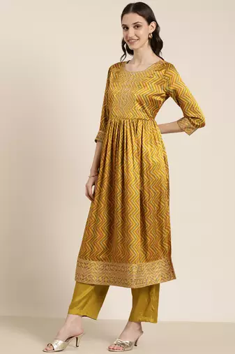 women's round neck chevron leheriya lime green a-line kurta and trouser with dupatta