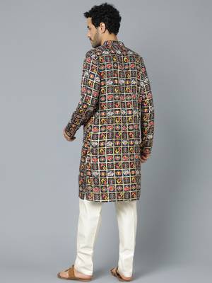 Men'S Navy Blue And Cream Rayon Kurta Pyjama Set 3