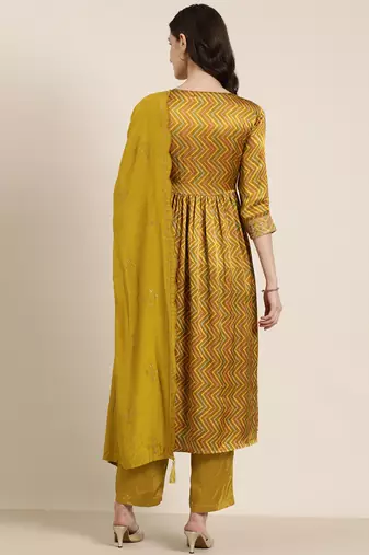 women's round neck chevron leheriya lime green a-line kurta and trouser with dupatta