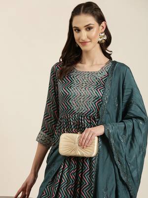 women's round neck chevron leheriya teal a-line kurta and trouser with dupatta 1