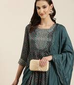 women's round neck chevron leheriya teal a-line kurta and trouser with dupatta