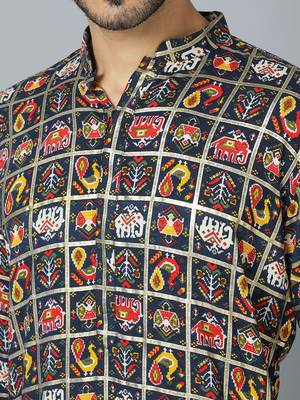 Men'S Navy Blue And Cream Rayon Kurta Pyjama Set 4