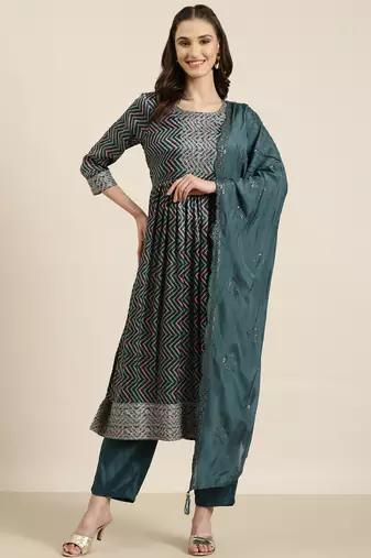 women's round neck chevron leheriya teal a-line kurta and trouser with dupatta