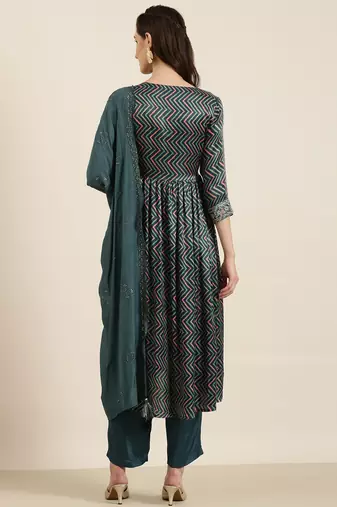 women's round neck chevron leheriya teal a-line kurta and trouser with dupatta