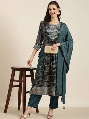 women's round neck chevron leheriya teal a-line kurta and trouser with dupatta 5