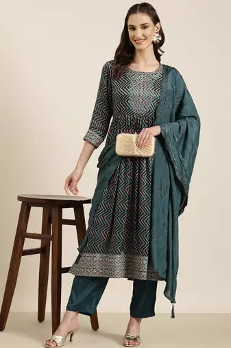 women's round neck chevron leheriya teal a-line kurta and trouser with dupatta