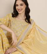 women's round neck floral zari mustard a-line kurta and trouser with dupatta