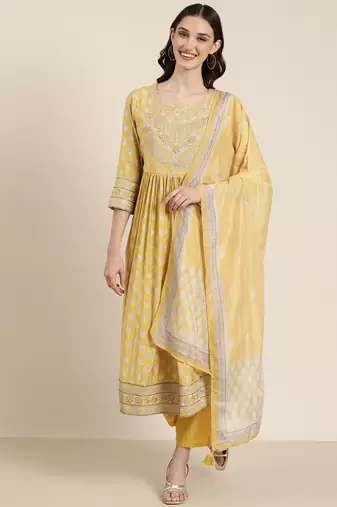 women's round neck floral zari mustard a-line kurta and trouser with dupatta