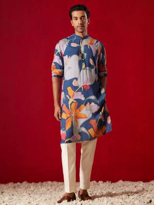 Multi Color Base Blue Cotton Blend Kurta Pyjama Set 1