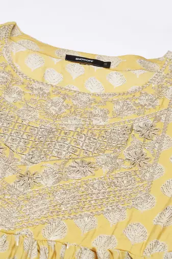 women's round neck floral zari mustard a-line kurta and trouser with dupatta