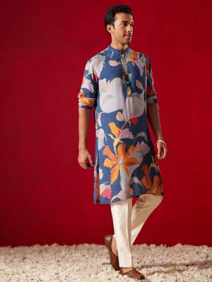 Multi Color Base Blue Cotton Blend Kurta Pyjama Set 2