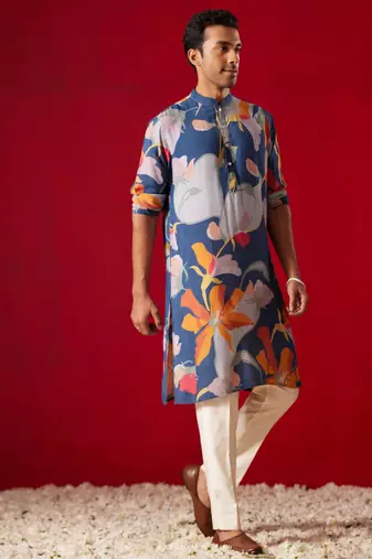Multi Color Base Blue Cotton Blend Kurta Pyjama Set