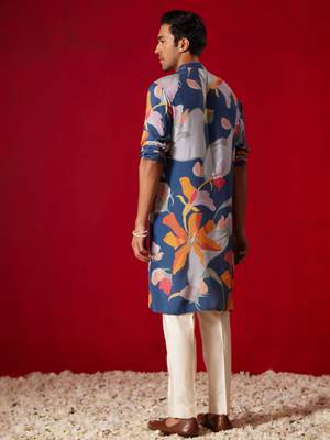 Multi Color Base Blue Cotton Blend Kurta Pyjama Set 3