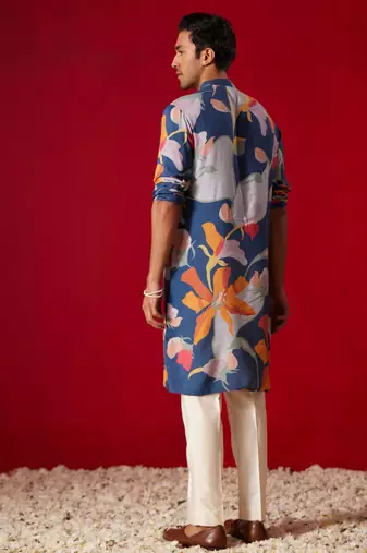 Multi Color Base Blue Cotton Blend Kurta Pyjama Set
