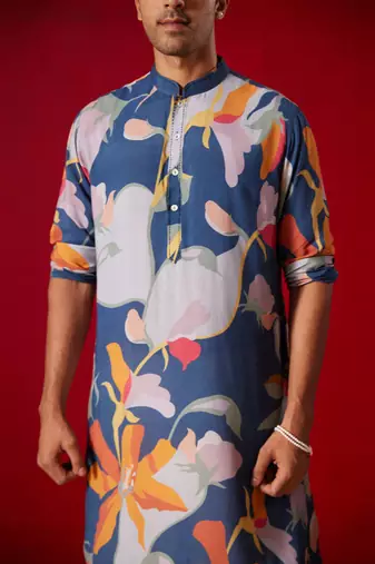 Multi Color Base Blue Cotton Blend Kurta Pyjama Set