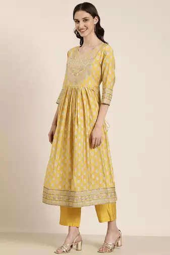 women's round neck floral zari mustard a-line kurta and trouser with dupatta