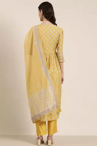 women's round neck floral zari mustard a-line kurta and trouser with dupatta