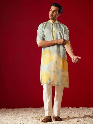 Multi Color Base Yellow Cotton Blend Kurta Pyjama Set 1
