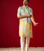 Multi Color Base Yellow Cotton Blend Kurta Pyjama Set