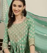 women's round neck floral zari green a-line kurta and trouser with dupatta