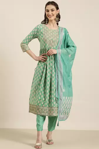 women's round neck floral zari green a-line kurta and trouser with dupatta