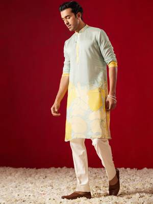 Multi Color Base Yellow Cotton Blend Kurta Pyjama Set 2