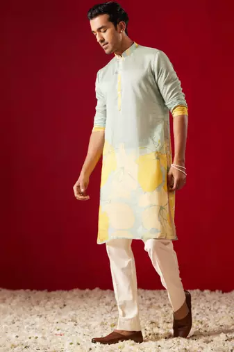 Multi Color Base Yellow Cotton Blend Kurta Pyjama Set