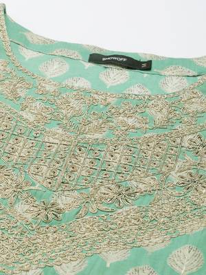 women's round neck floral zari green a-line kurta and trouser with dupatta 3