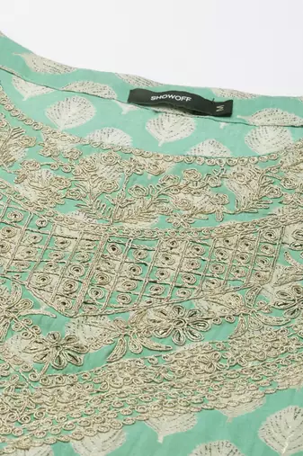 women's round neck floral zari green a-line kurta and trouser with dupatta