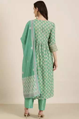 women's round neck floral zari green a-line kurta and trouser with dupatta