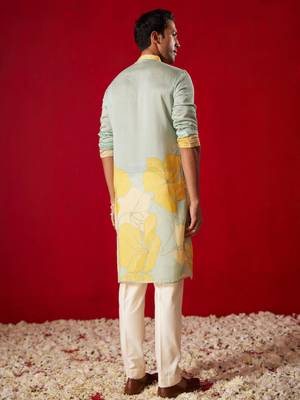 Multi Color Base Yellow Cotton Blend Kurta Pyjama Set 3