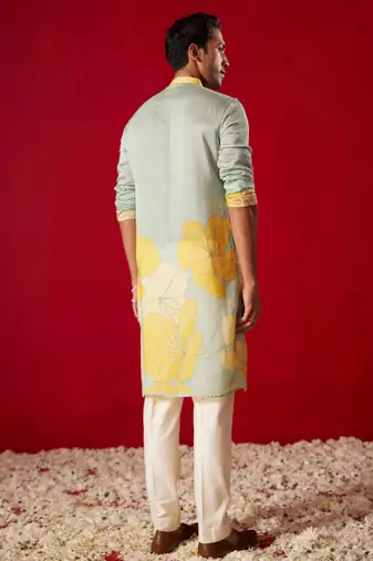 Multi Color Base Yellow Cotton Blend Kurta Pyjama Set