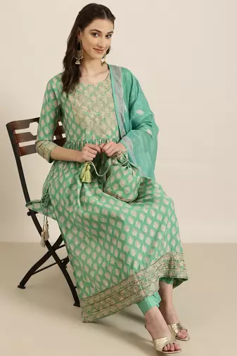 women's round neck floral zari green a-line kurta and trouser with dupatta