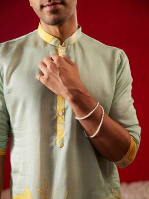 Multi Color Base Yellow Cotton Blend Kurta Pyjama Set 4