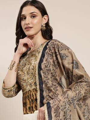 women's round neck floral zari tan a-line kurta and trouser with dupatta 1