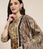 women's round neck floral zari tan a-line kurta and trouser with dupatta