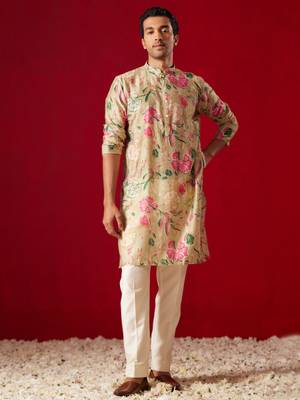 Multi Color Base Beige Cotton Blend Kurta Pyjama Set 1