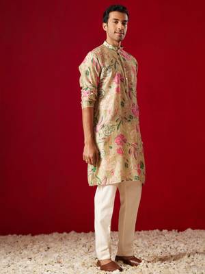 Multi Color Base Beige Cotton Blend Kurta Pyjama Set 2