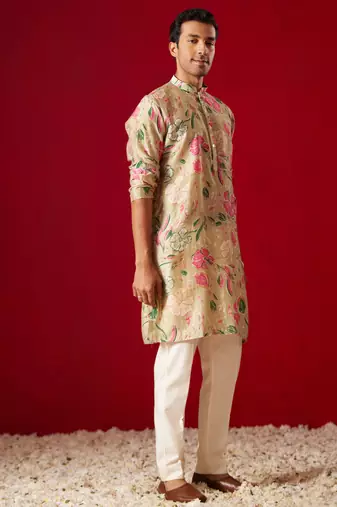 Multi Color Base Beige Cotton Blend Kurta Pyjama Set