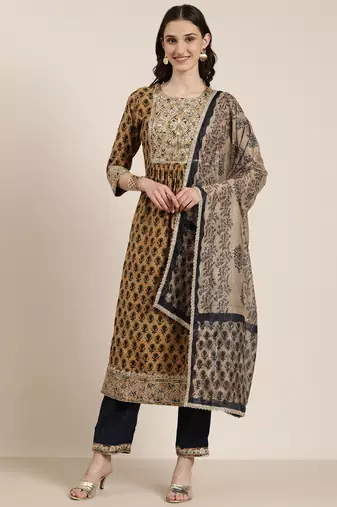 women's round neck floral zari tan a-line kurta and trouser with dupatta