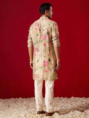 Multi Color Base Beige Cotton Blend Kurta Pyjama Set 3