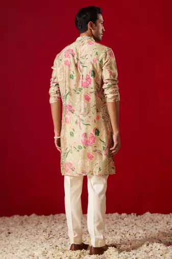 Multi Color Base Beige Cotton Blend Kurta Pyjama Set
