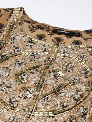 women's round neck floral zari tan a-line kurta and trouser with dupatta 3