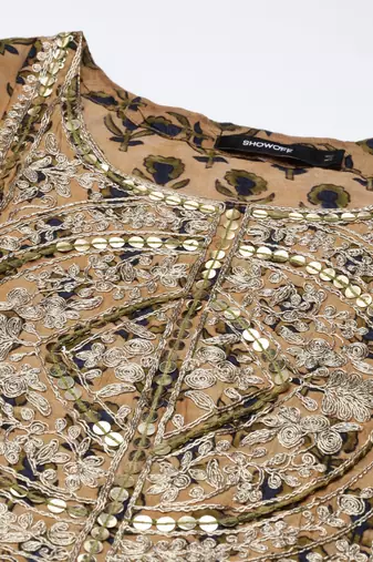 women's round neck floral zari tan a-line kurta and trouser with dupatta