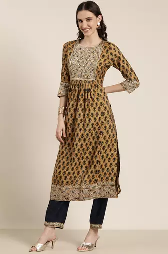 women's round neck floral zari tan a-line kurta and trouser with dupatta
