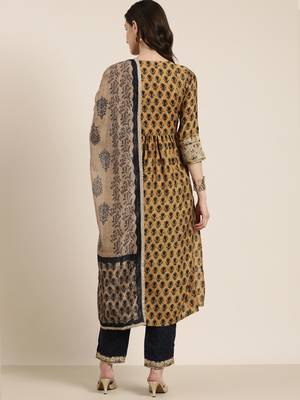women's round neck floral zari tan a-line kurta and trouser with dupatta 5