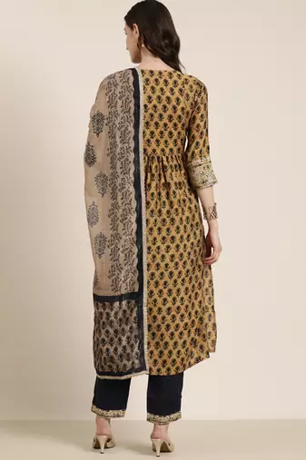 women's round neck floral zari tan a-line kurta and trouser with dupatta