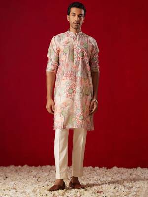  multi color base cream cotton blend kurta pyjama set 1