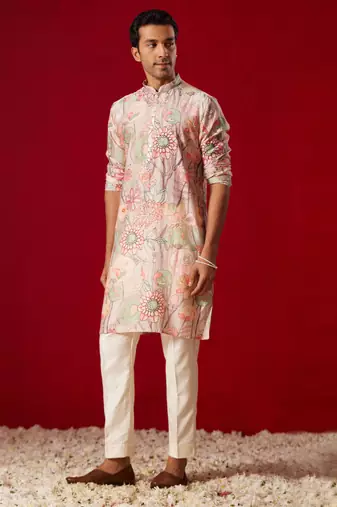  multi color base cream cotton blend kurta pyjama set