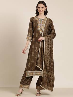 women's round neck ethnic motifs foil print bronze straight kurta and trouser with dupatta 2